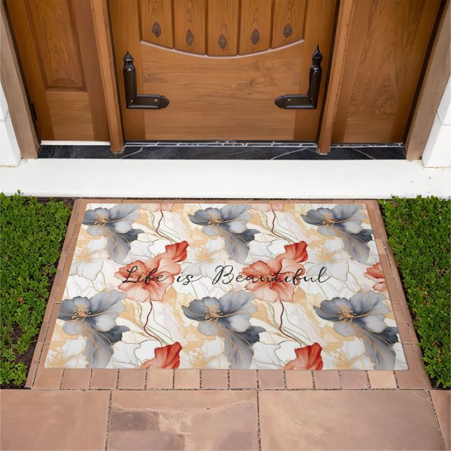 Beautiful Feminine Peach Blue and White Floral Doormat (Outdoor)
