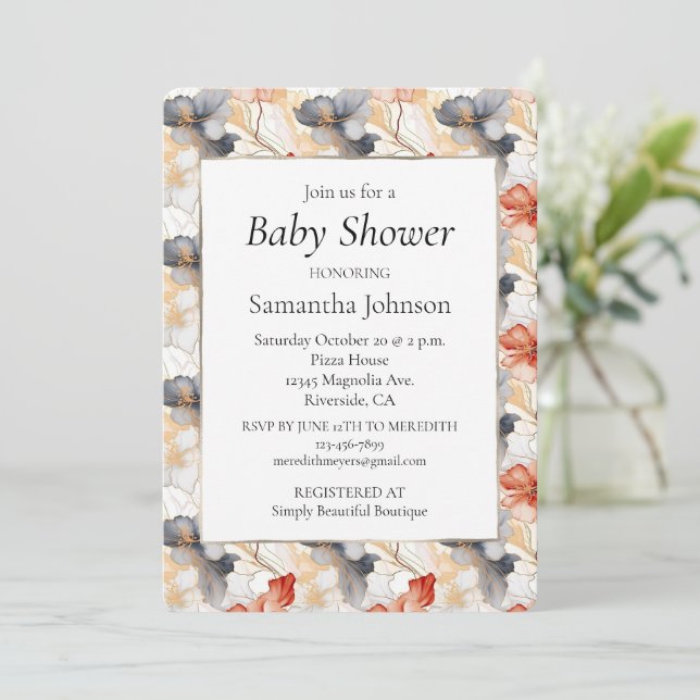 Beautiful Feminine Peach Blue and White Floral Invitation (Standing Front)