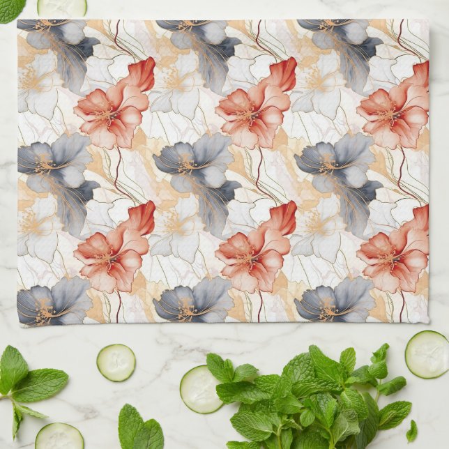 Beautiful Feminine Peach Blue and White Floral Kitchen Towel (Folded)