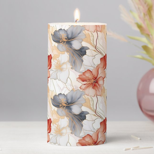 Beautiful Feminine Peach Blue and White Floral Pillar Candle (In Situ)