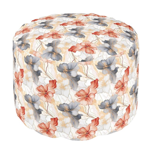 Beautiful Feminine Peach Blue and White Floral Pouf (Angled Front)