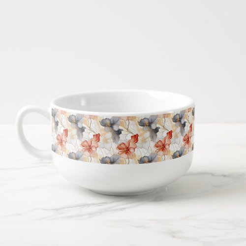Beautiful Feminine Peach Blue and White Floral Soup Mug