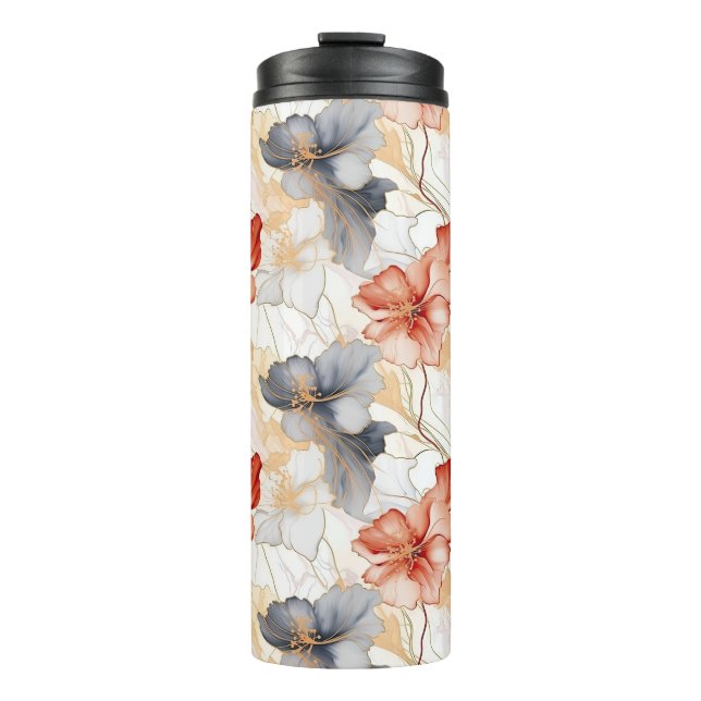 Beautiful Feminine Peach Blue and White Floral Thermal Tumbler (Front)