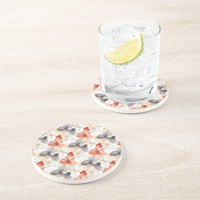Beautiful Feminine Peach Red Blue and White Floral Coaster (Side)