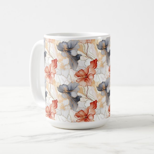 Beautiful Feminine Peach Red Blue and White Floral Coffee Mug (Front Left)