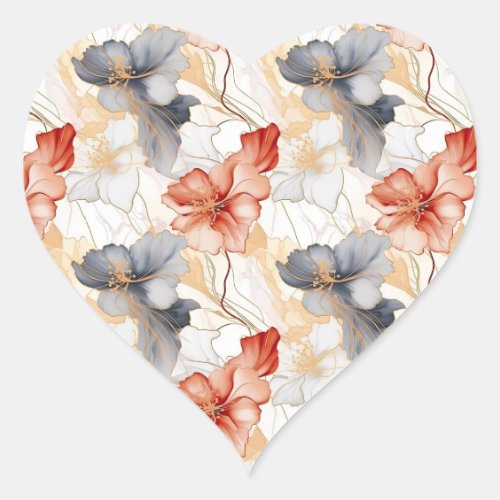 Beautiful Feminine Peach Red Blue and White Floral Heart Sticker
