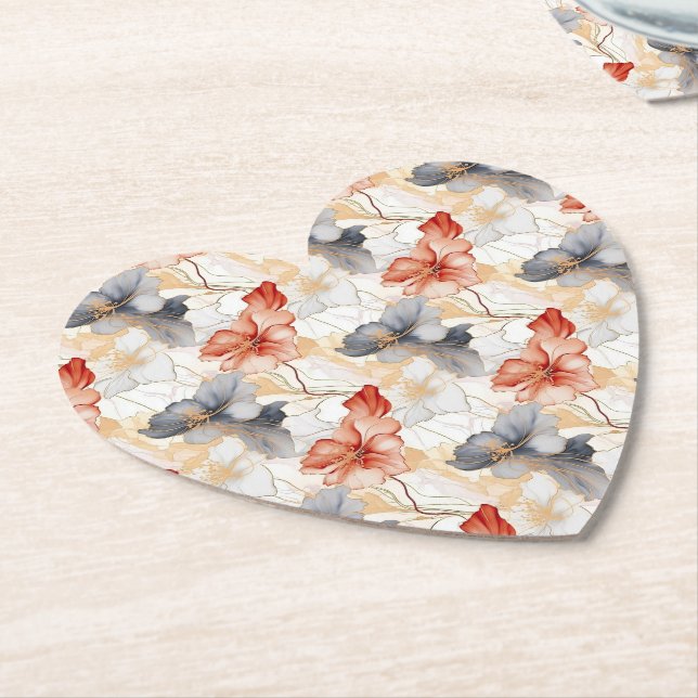 Beautiful Feminine Peach Red Blue and White Floral Paper Coaster (Angled)