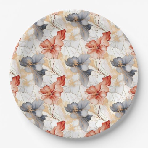 Beautiful Feminine Peach Red Blue and White Floral Paper Plates