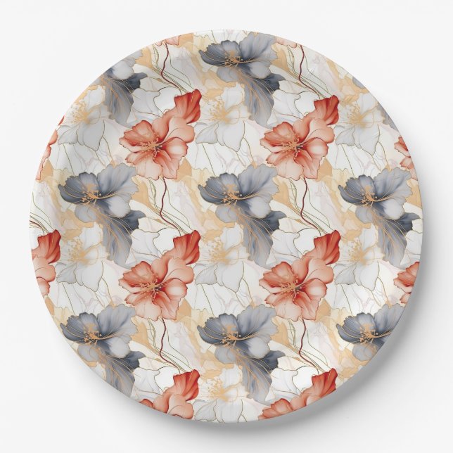 Beautiful Feminine Peach Red Blue and White Floral Paper Plates (Front)