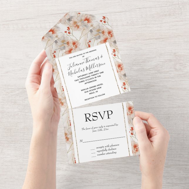 Beautiful Feminine Peach Red White Floral All In One Invitation (Tearaway)