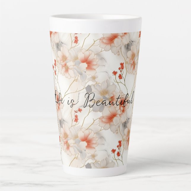 Beautiful Feminine Peach Red White Floral Latte Mug (Front)