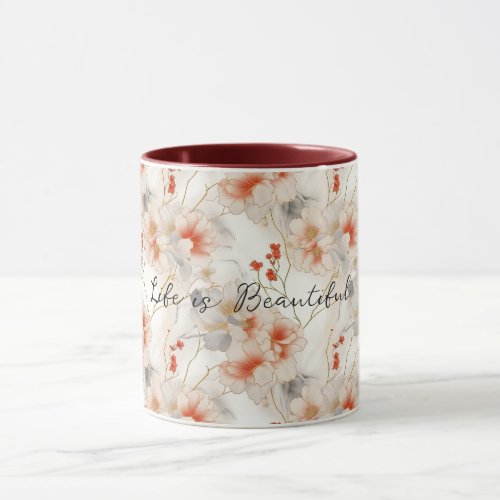 Beautiful Feminine Peach Red White Floral Mug