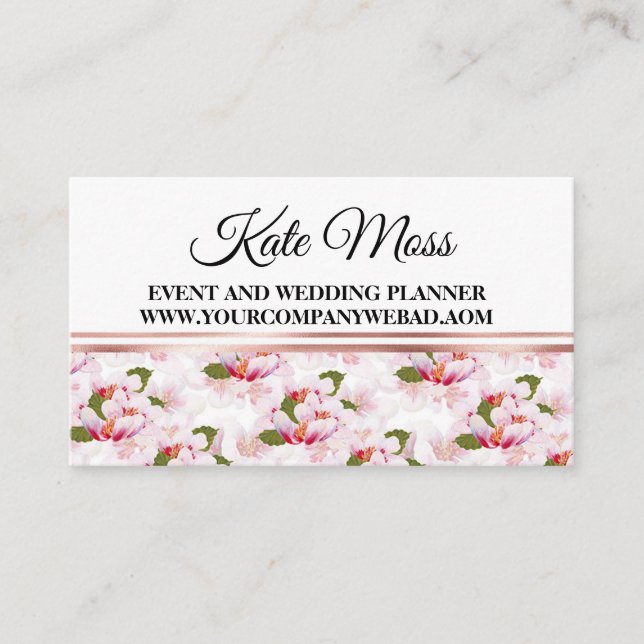 Beautiful feminine rose gold  cherry blossom business card (Front)
