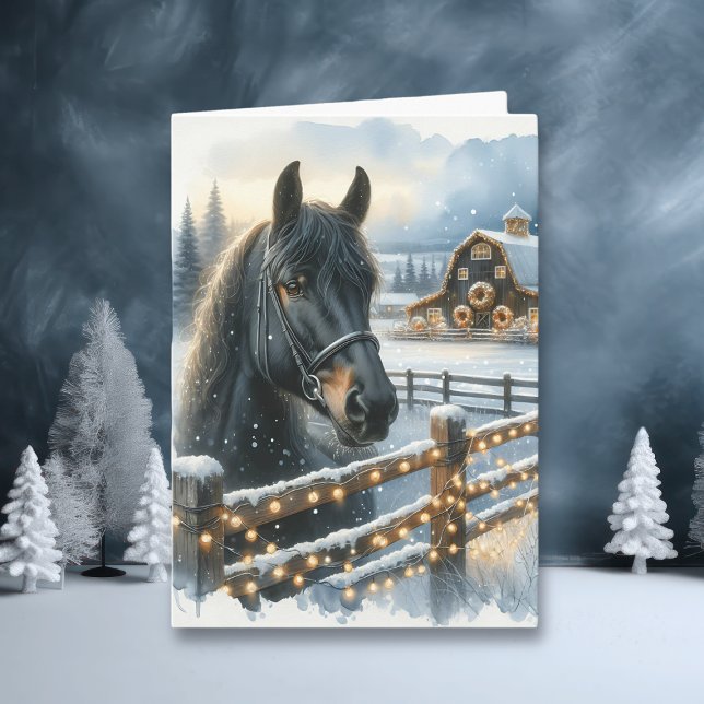Beautiful Festive Black Horse on Farm Christmas Card (Creator Uploaded)