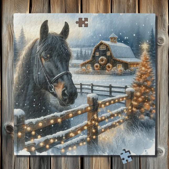 Beautiful Festive Black Horse on Farm Christmas Jigsaw Puzzle (Creator Uploaded)