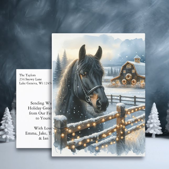 Beautiful Festive Black Horse on Farm Christmas Postcard (Creator Uploaded)