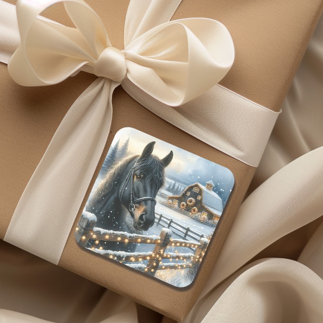 Beautiful Festive Black Horse on Farm Christmas Square Sticker (Creator Uploaded)