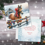 Beautiful Festive Horse Personalized Christmas Holiday Card<br><div class="desc">Festive Christmas farm themed square card. . A pretty brown horse with a red bow on his neck standing behind an old rustic wood fence with a snowy background and vintage old red barn. The snow-filled fence is adorned with illuminated Christmas lights on a snowy winter day to give a...</div>