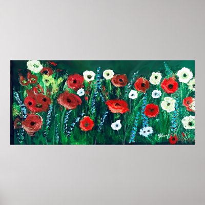 Beautiful Field of Poppies Orange-Red,White&Blue Poster