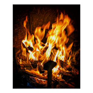Beautiful fire in ancient fireplace poster