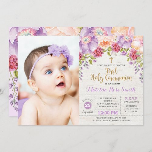 Beautiful First Holy Communion Purple Gold Floral Invitation