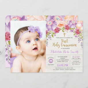 Beautiful First Holy Communion Purple Gold Floral Invitation