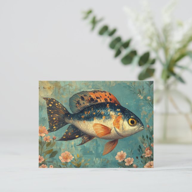 Beautiful Fish and Pink Flowers Postcard (Standing Front)