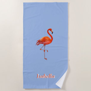 Beautiful flamingo on light blue personalized beach towel