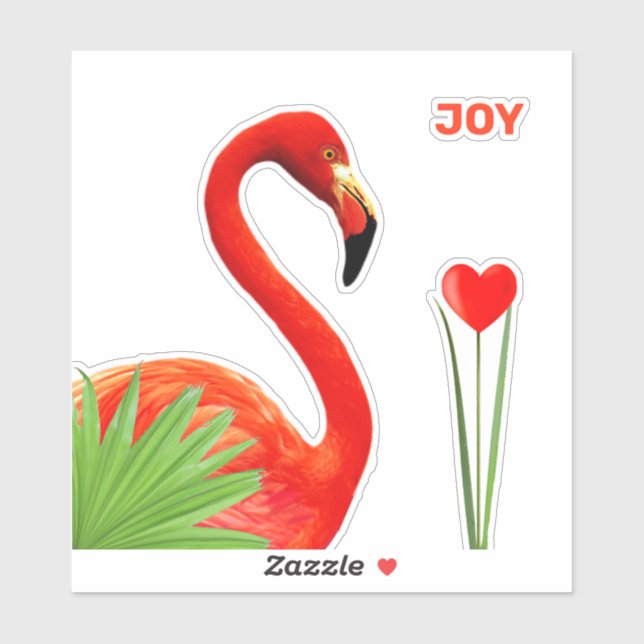 Beautiful Flamingo with Palm Leaves & Heart Sticker (Sheet)