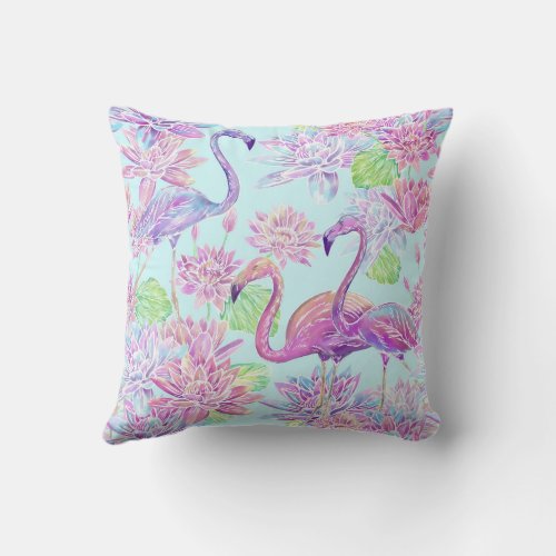 Beautiful flamingos and lotus flowers throw pillow
