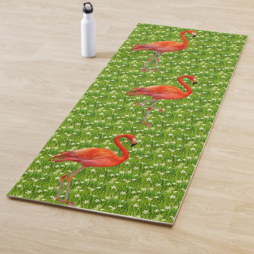 Beautiful Flamingos and White Flowers on Green Yoga Mat