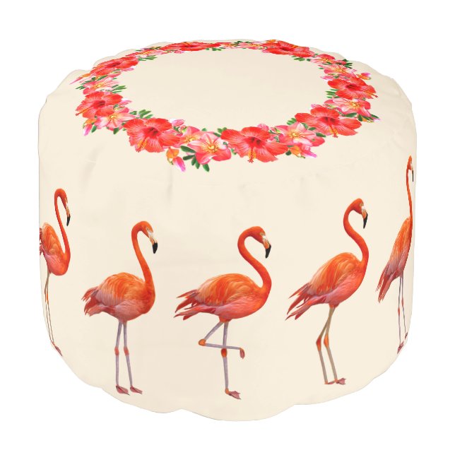 Beautiful Flamingos & Floral Wreath on Light Beige Pouf (Angled Front)