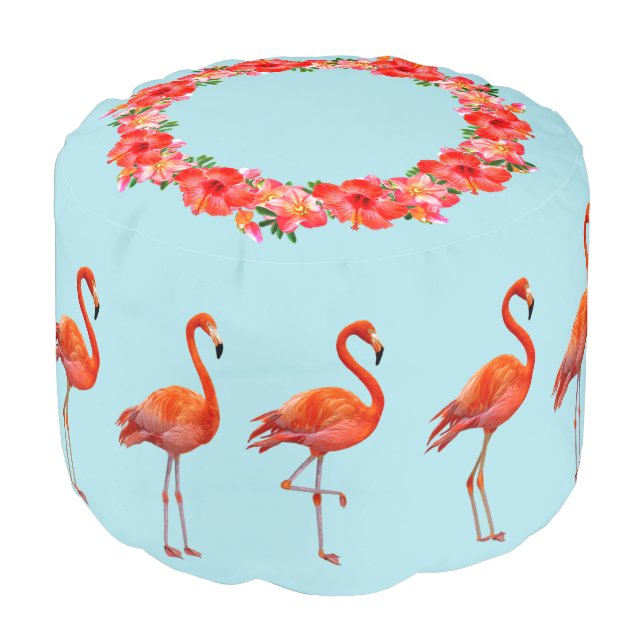 Beautiful Flamingos & Floral Wreath on Light Blue Pouf (Angled Front)