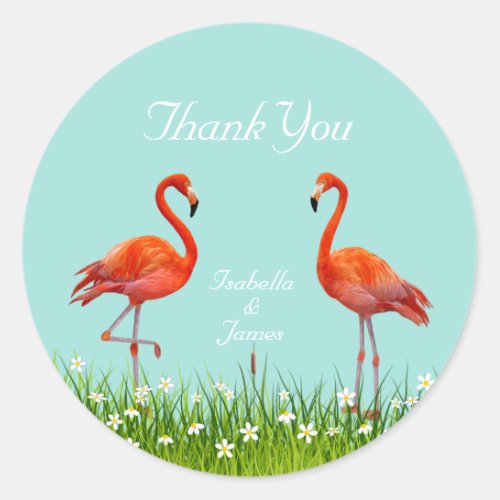 Beautiful Flamingos  Flowers on Teal Thank You Classic Round Sticker