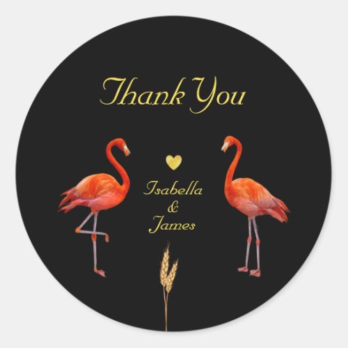 Beautiful Flamingos on Black  Golden Thank You Classic Round Sticker