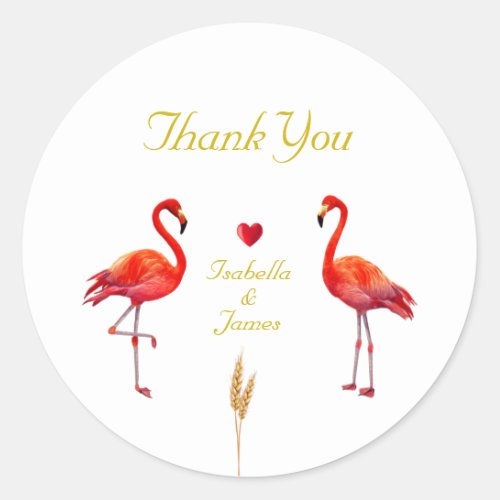 Beautiful Flamingos on Golden and White Thank You Classic Round Sticker