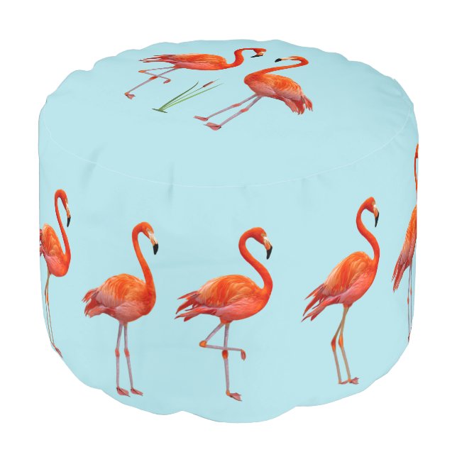 Beautiful Flamingos on Light Blue Pouf (Angled Front)