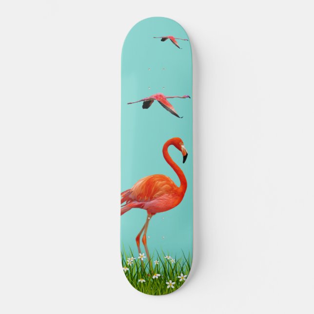 Beautiful Flamingos on Light Turquoise Blue Skateboard (Front)