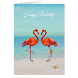 Beautiful Flamingos on the Beach Birthday Card