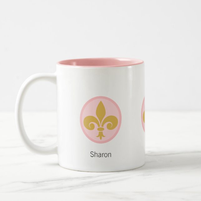 Beautiful Fleur-de-lis Flower on Pink & White Two-Tone Coffee Mug (Left)