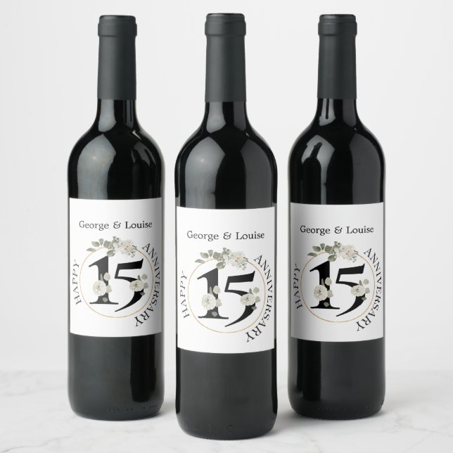 Beautiful Floral 15 year ANNIVERSARY  Wine  Label (Bottles)