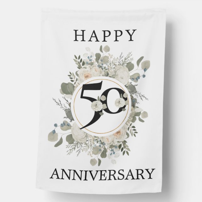 Beautiful Floral 50th Happy Anniversary House Flag (Front)