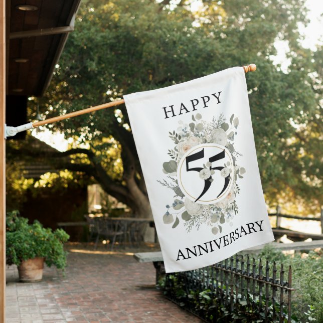 Beautiful Floral 55th Happy Anniversary House Flag (In SItu)
