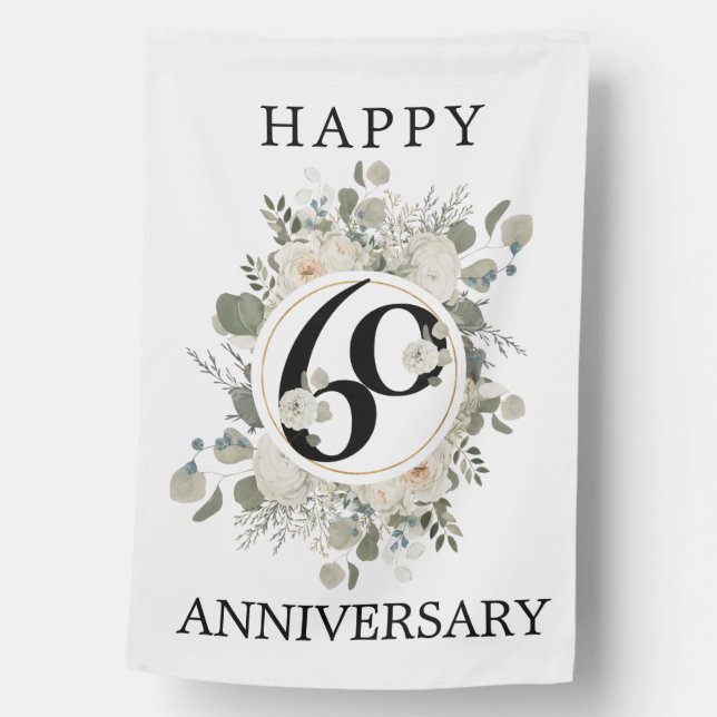 Beautiful Floral 60th Happy Anniversary House Flag (Front)