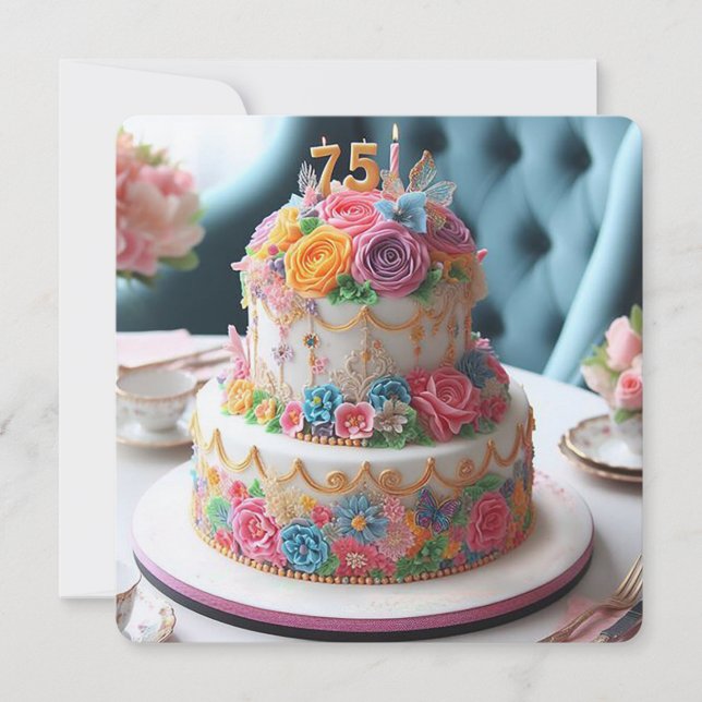 BEAUTIFUL FLORAL 75TH BIRTHDAY CAKE CARD (Front)