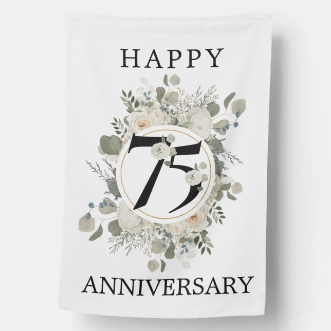 Beautiful Floral 75th Happy Anniversary House Flag (Front)