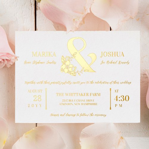 Beautiful Floral Ampersand Typography Wedding Gold Foil Invitation