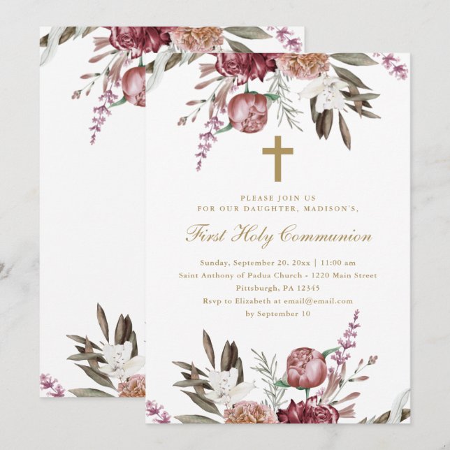 Beautiful Floral and Cross First Holy Communion Announcement (Front/Back)