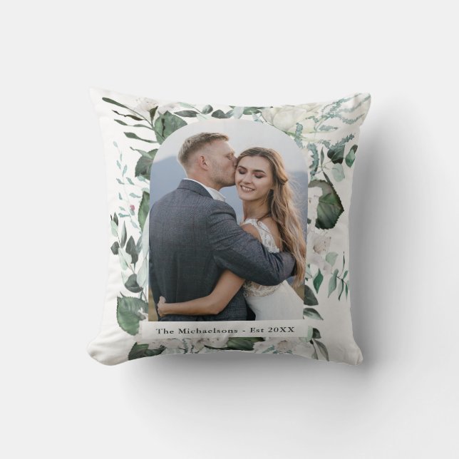 Beautiful Floral and Greenery Photo Arch Wedding Throw Pillow (Front)