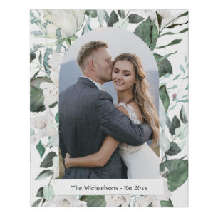 Beautiful Floral and Greenery Wedding Couple Photo Faux Canvas Print